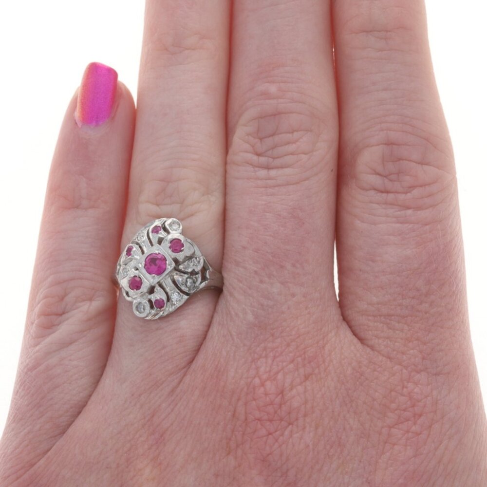 White Gold Lab-Created Ruby Diamond Art Deco Cock… - image 2